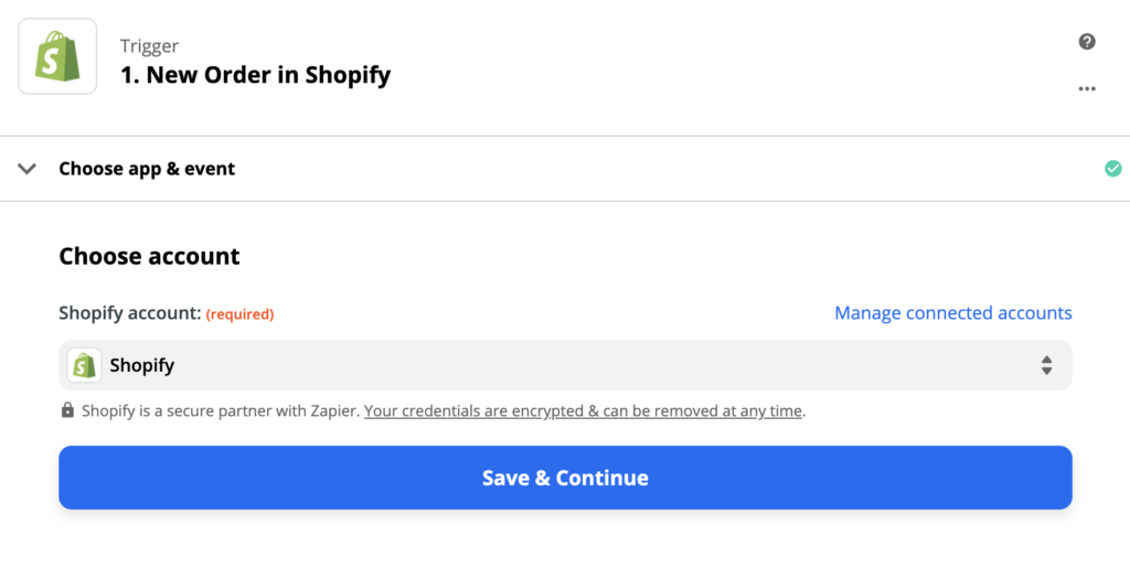 Shopify päästiku konfiguratsioon Zapier`is