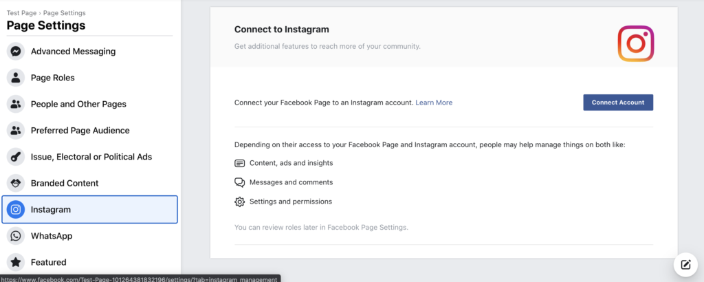 Instagrami seaded Facebookis, Instagrami lehe ühendamine Facebooki lehega