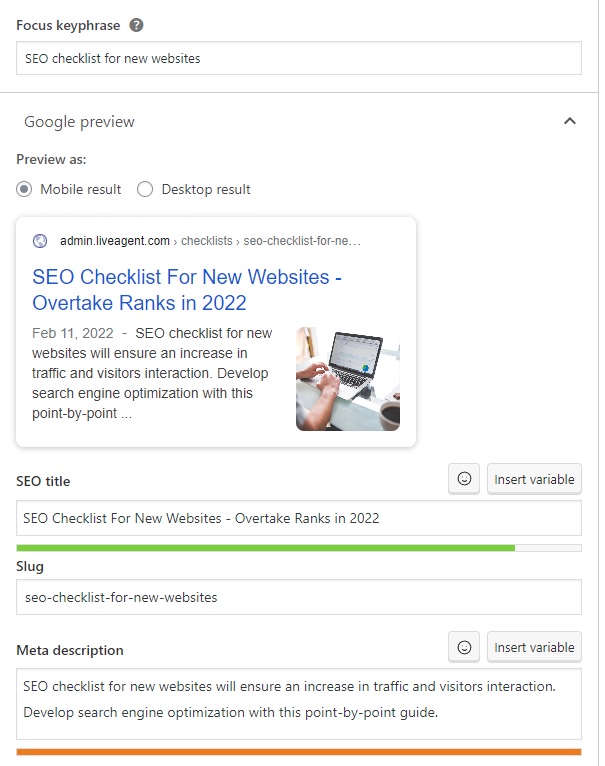 LiveAgent - võtmefraasi, SEO pealkirja ja metakirjelduse näide