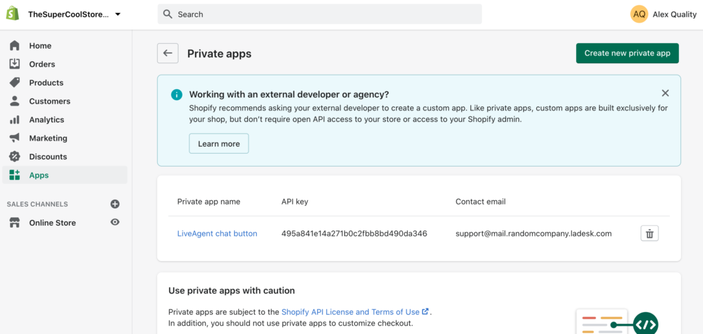 LiveAgent`iga integratsiooni loomiseks, looge Shopify`s uus ja privaatne äpp