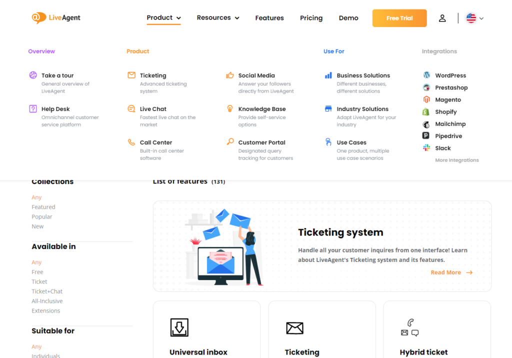 LiveAgenti peamine ja külgriba päis