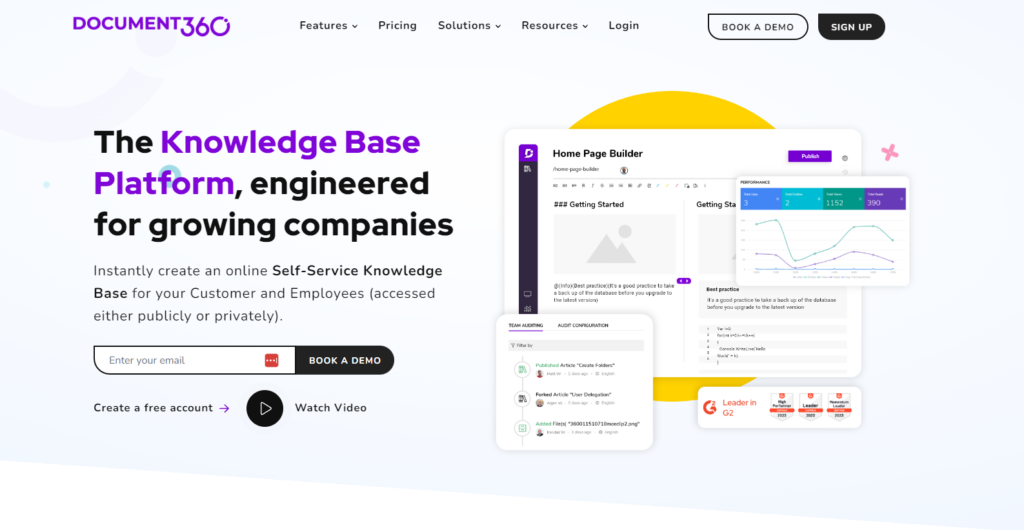 Document360 kodulehe kuvatõmmis, mis keskendub põhifunktsioonidele