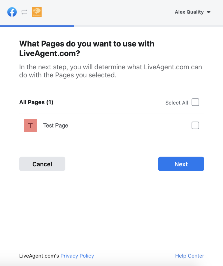Facebooki lehtede valik LiveAgenti konfiguratsioonis