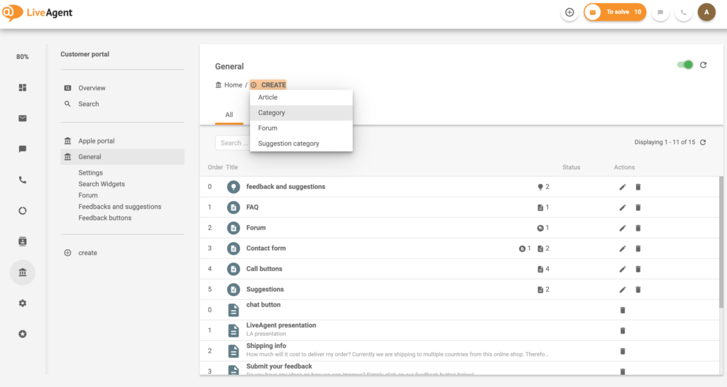Näide kliendiportaali kategooria loomisest LiveAgenti teadmusbaasi süsteemis