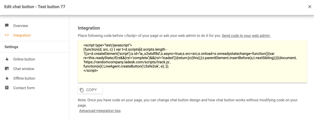 Shift4shop LiveAgenti integratsioonikood