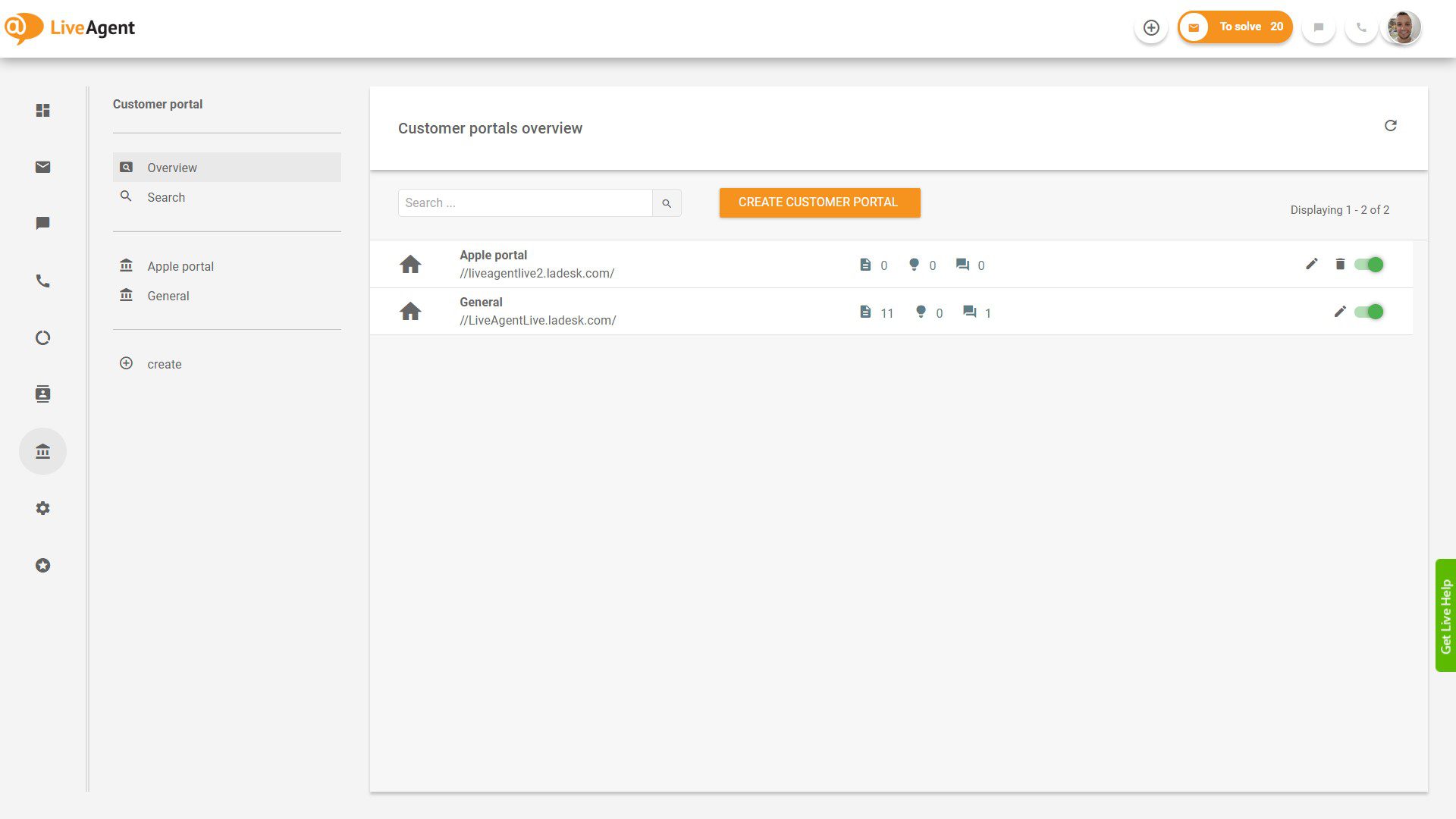 LiveAgenti piletite ülevaade rakenduses