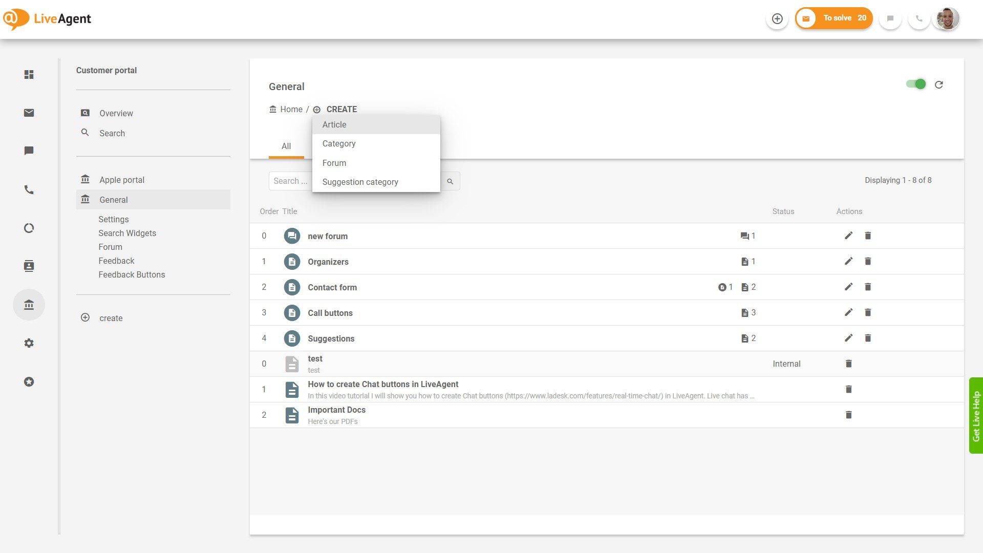 LiveAgenti piletite ülevaade rakenduses