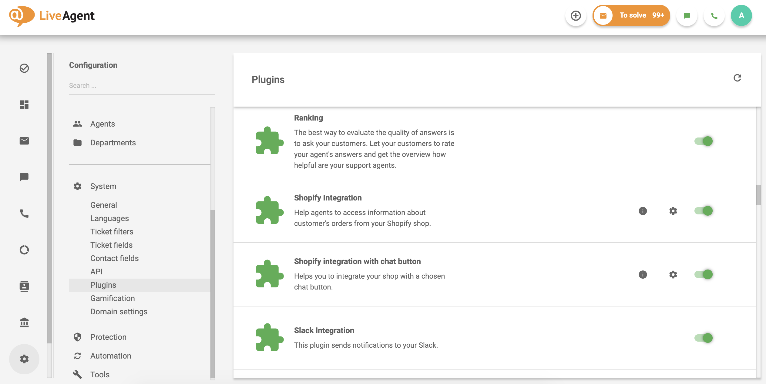 Klienditeenindustarkvara LiveAgent pistikprogrammide loend