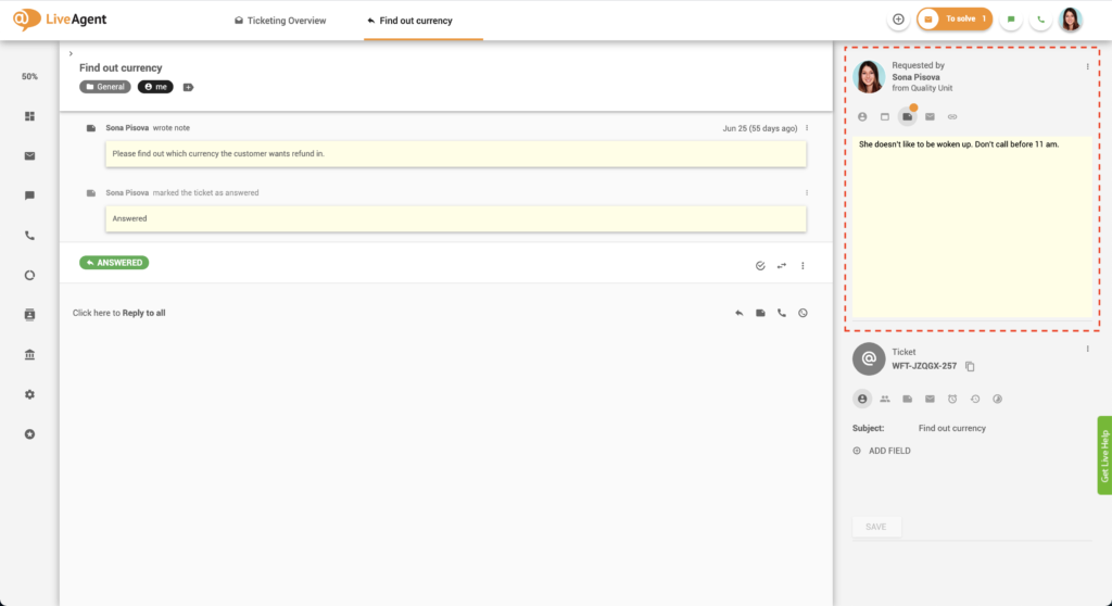 Märkused piletites – LiveAgent