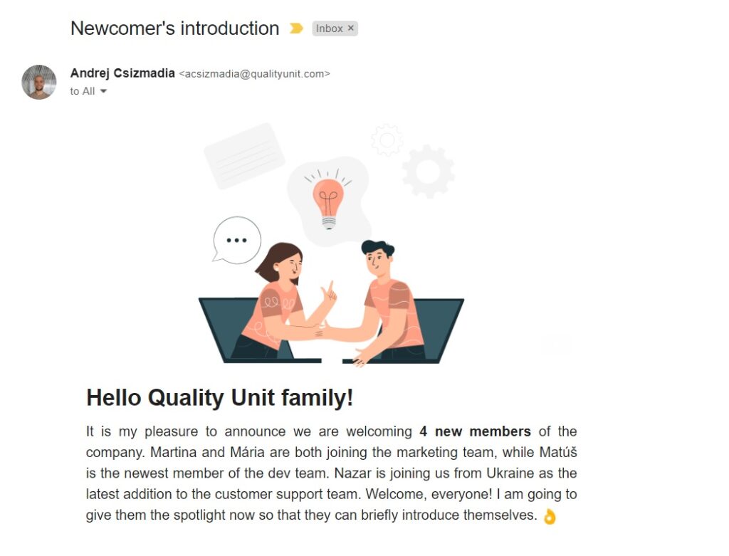 Quality Uniti uustulnukat tutvustav e-kiri