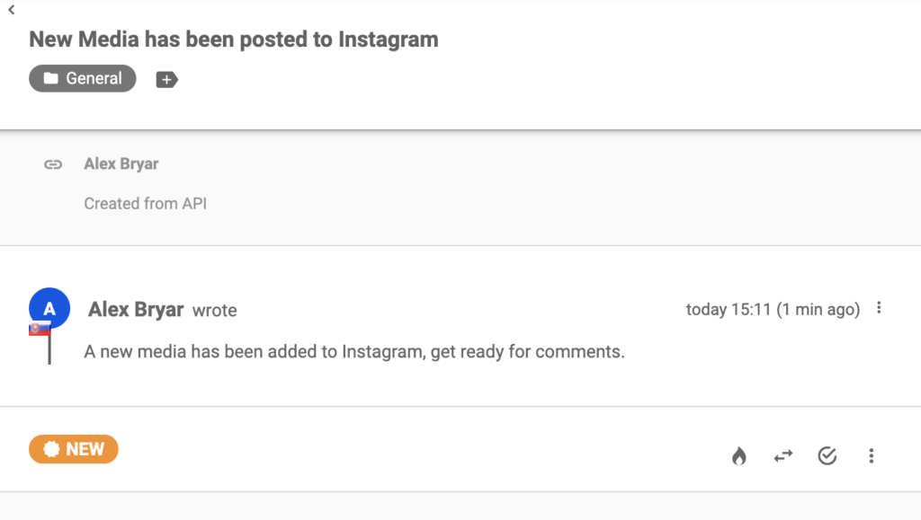 Instagrami sõnum uue postituse kohta LiveAgenti piletisüsteemis