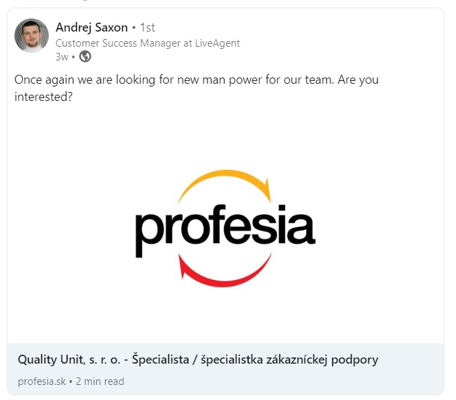 Quality Uniti tööpakkumine LinkedInis