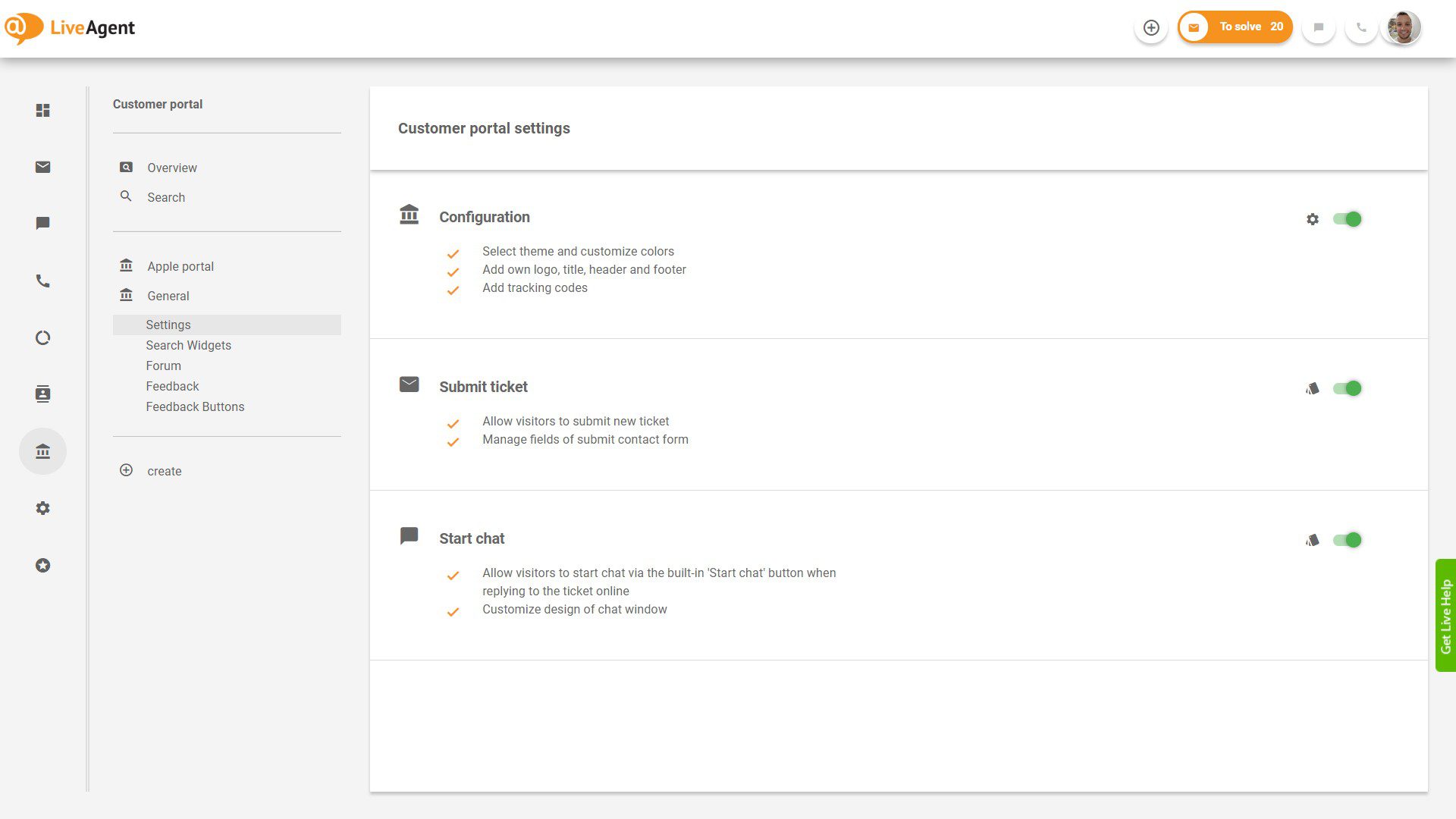 LiveAgenti piletite ülevaade rakenduses